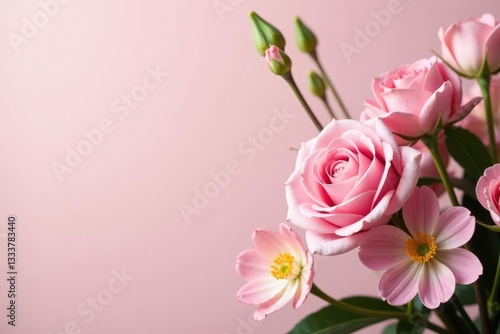 Delicate pastel rose bouquet with lisianthus and sweetpeas, soft pink, delicate blooms, floral arrangement