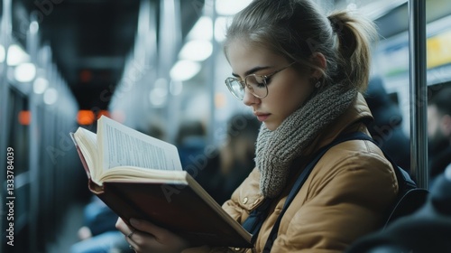 Young woman absorbed in a book during her commute on the subway train