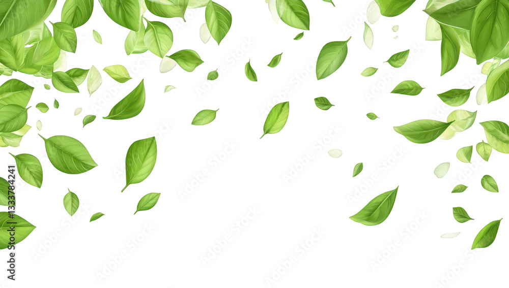 green leaves scattered against a white background creating a fresh and natural ambiance it evokes themes of nature and tranquility suitable for various design purposes