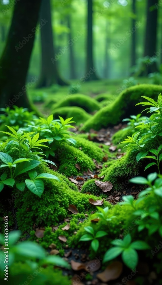 Obraz premium ferns and moss carpet forest floor dark green, leafy, nature