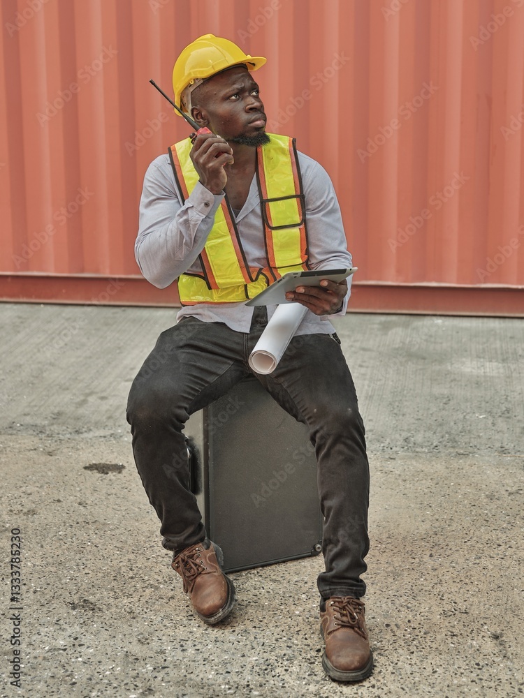 A construction worker in a yellow hard hat and safety vest reviewing blueprints and documents on a construction site, surrounded by equipment and materials.