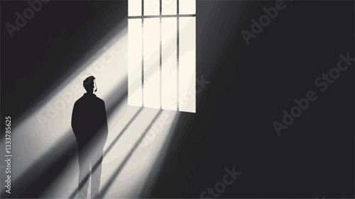A grayscale illustration depicts a solitary male figure, rendered as a silhouette, standing in a dimly lit room.  Bright light beams stream through a window with vertical bars, creating strong