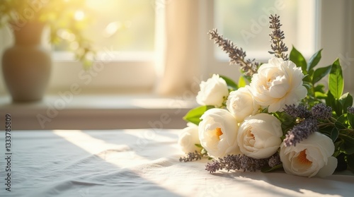 A beautiful, golden-lit Mother's Day bouquet of fresh white peonies and lavender placed gently on a linen-covered table