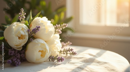 A beautiful, golden-lit Mother's Day bouquet of fresh white peonies and lavender placed gently on a linen-covered table