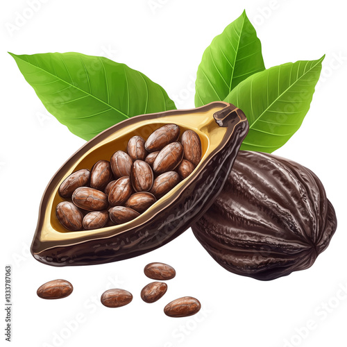Cacao Plant with Pods and Leaves, Opened Pod Showing Chocolate Beans on Transparent Background