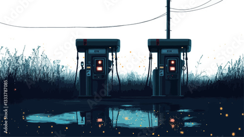 Digital illustration depicting two vintage gas pumps standing side-by-side in a weedy area at dusk. The pumps are dark blue, almost silhouetted against a light background.  A puddle of water in the