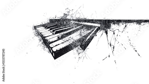 The image is a grayscale digital illustration depicting a piano keyboard in an abstract style.  The keys are partially fragmented and dispersed, creating a sense of movement and disintegration.