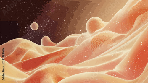 The image presents a stylized, abstract representation of cellular structures or a similar organic form.  Dominated by warm hues of orange and gold, the forms are smooth, flowing, and wave-like.