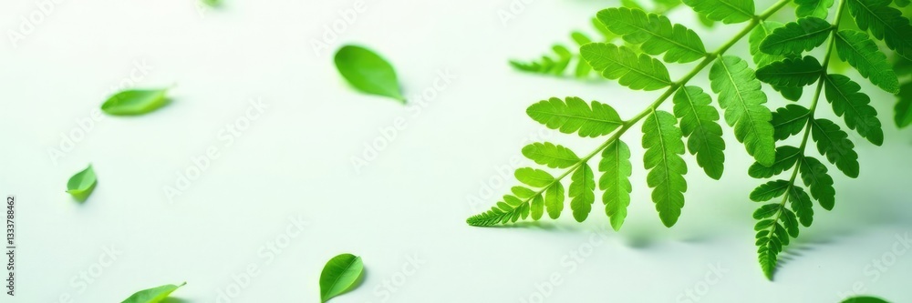 Ferns with delicate fronds scattered on white surface, plants, leafy greens Ferns with delicate fronds scattered on white surface, plants, leafy greens