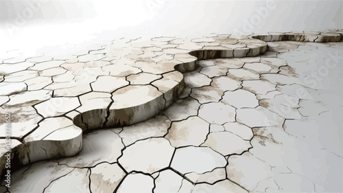 High-angle close-up shot of cracked earth. The image shows a detailed texture of polygonal cracks in light beige and white earth, suggesting dryness and aridity. The cracks are irregular in shape