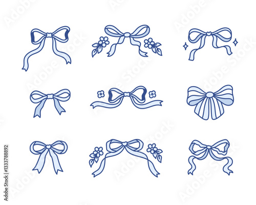 Set of coquette bow knots with flowers, stars, leaves. Collection of beautiful holiday decorative elements, festive present decor. Pretty charming blue bows. Vintage hand drawn clip art