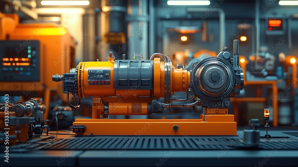 An industrial machine is shown in a brightly lit workshop scene An industrial machine is shown in a brightly lit workshop scene