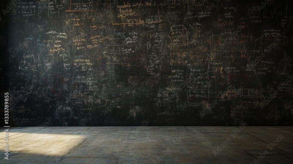 Black chalkboard wall with math equations and scientific formulas