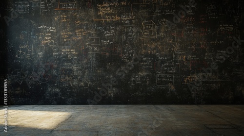 Black chalkboard wall with math equations and scientific formulas