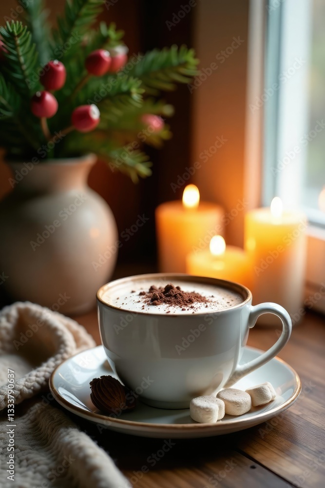 Festive corner with cacao cup, marshmallows and pine branches vase, warm ambiance, festive corner, candles Festive corner with cacao cup, marshmallows and pine branches vase, warm ambiance, festive corner, candles