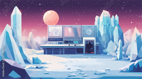 Digital illustration depicting a futuristic base situated on a snow-covered alien landscape. The base is characterized by a geometric, low-poly design with large windows showcasing interior