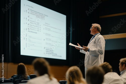 Doctor giving a speech at medical conference. Professor making presentation at seminar or workshop, medicine and healthcare concept