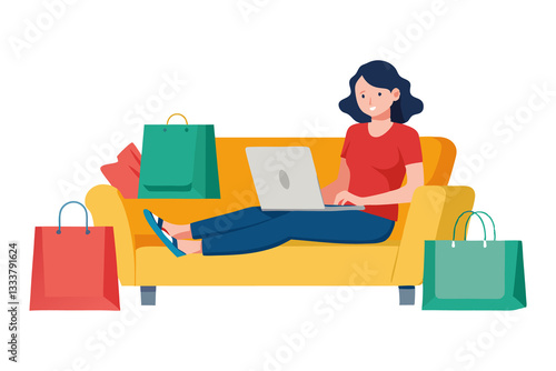 Woman shopping online illustration isolated on transparent background 