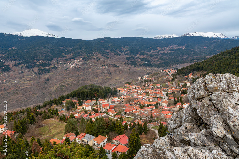 Elati village view from red rock, Trikala, Greece