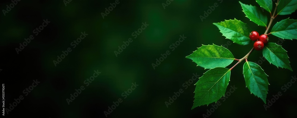 Glowing emerald leaves on a black background with a single holly branch, green, foliage, nature Glowing emerald leaves on a black background with a single holly branch, green, foliage, nature
