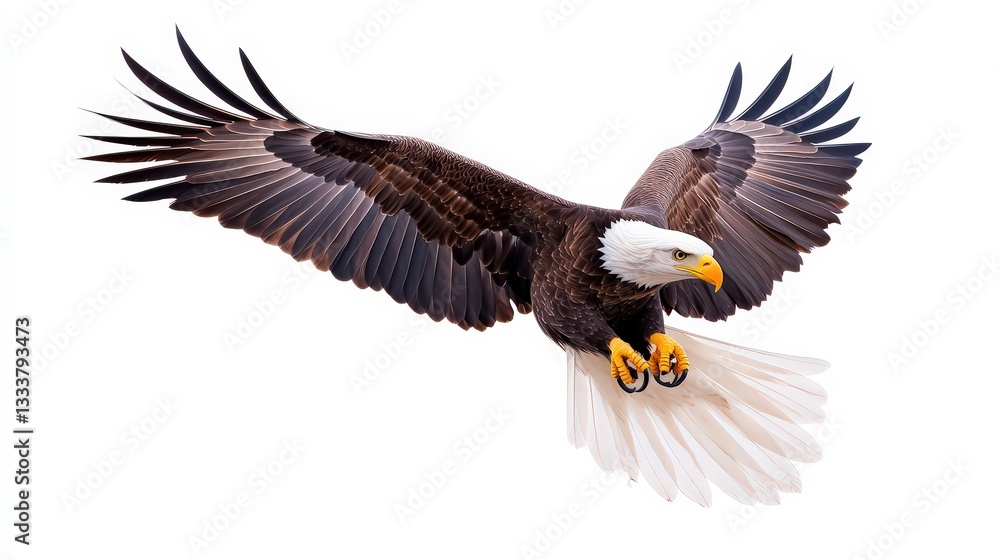 A majestic eagle soars gracefully with its wings spread wide, showcasing its powerful presence against a white background.