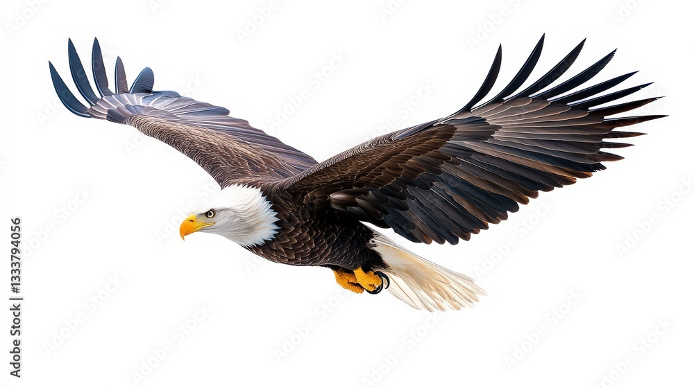 Obraz premium A majestic bald eagle soars gracefully, showcasing its impressive wingspan and striking features against a clean, white background.