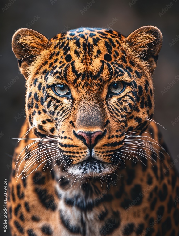 Obraz premium Majestic Close-Up of a Beautiful Leopard with Striking Fur Patterns and Intense Gaze Against a Soft Focus Background in Natural Habitat