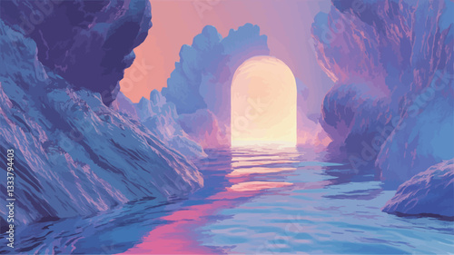 Digital illustration depicting a surreal landscape. The scene features a glowing, arched portal situated within a body of calm water, framed by stylized, smooth rock formations exhibiting a pastel
