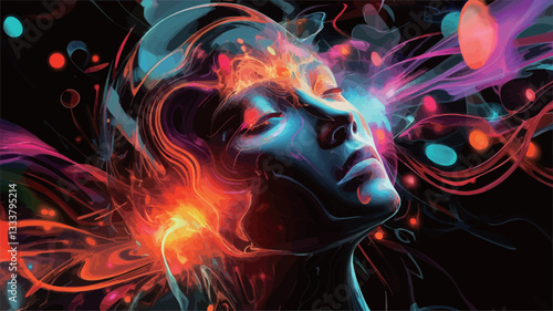 The image is a digital illustration or painting depicting a stylized female face. The face is rendered in shades of blue and teal, with glowing highlights and internal light sources. It is