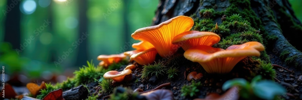Glowing fungal growth on tree trunks and roots, mycology,, fungal growth Glowing fungal growth on tree trunks and roots, mycology,, fungal growth