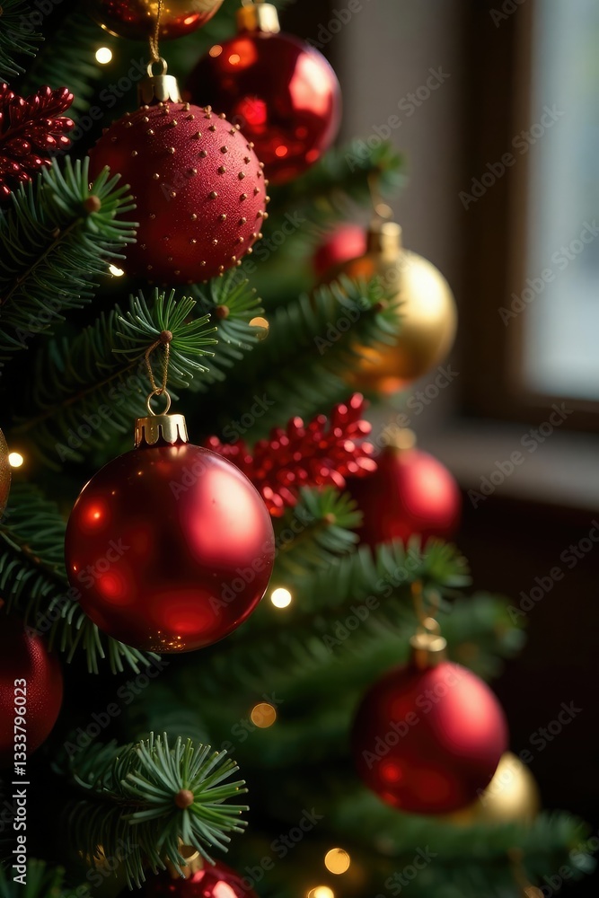 Fototapeta premium Glowing gold and red ornaments hanging on a large dark red glittering Christmas tree, shimmering decoration, christmas tree