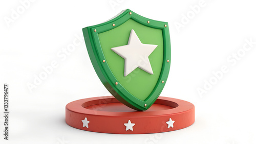 3D Green Star Shield on Red Base with White Stars Representing Trust, Safety, and Recognition