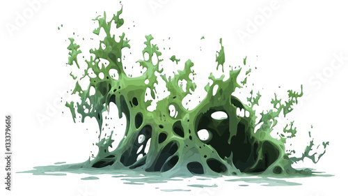 A digital illustration depicting an abstract green splash against a white background. The splash is highly textured, with varying shades of green and a three-dimensional appearance suggesting