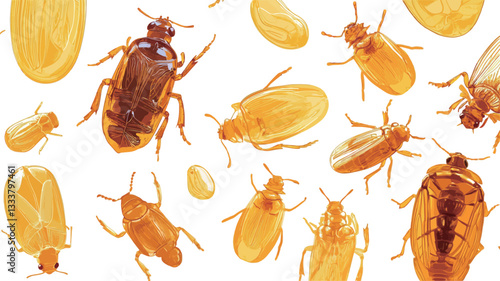 The image shows multiple insects of varying sizes and shades of amber and brown against a pure white background. The insects are in sharp focus, displaying high detail of their bodies and features.