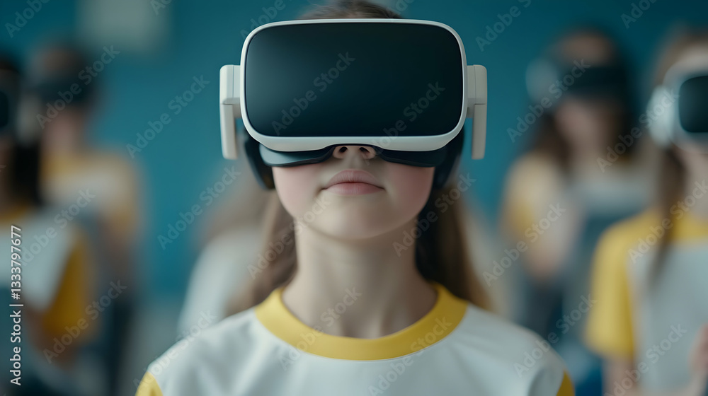 Young girl immersed in virtual reality wearing a VR headset for learning Young girl immersed in virtual reality wearing a VR headset for learning