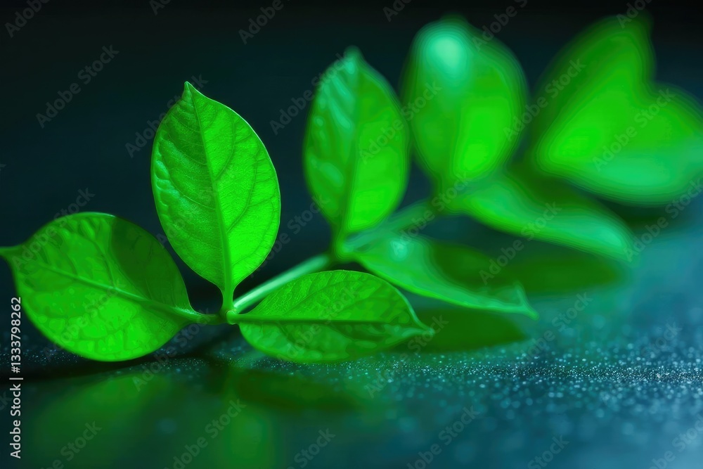 Glowing green eucalyptus leaves on a metallic surface, green, eucalyptus, neon
