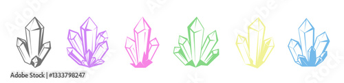 Colorful gem crystal cluster vector illustration collection: crystal quartz, amethyst, rose quartz, green, yellow and blue quartzs