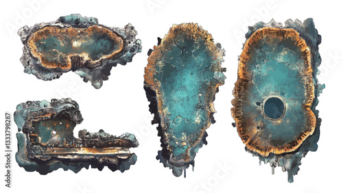The image shows four digitally rendered or manipulated images resembling cross-sections of geodes.  Each piece displays a central teal or turquoise area surrounded by irregular orange and brown