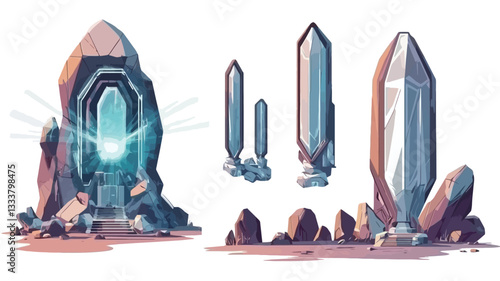 The illustration showcases a collection of stylized crystalline structures and a stone portal.  The main focus is a large, rough-hewn stone with an opening revealing a bright, glowing blue light.