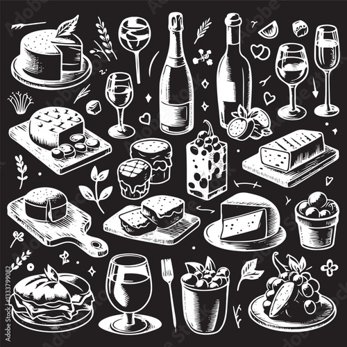 chalk food vector illustrations. wedding dinner icons, wine or champagne glass, cheese, and charcuterie drawings for wedding invitations, cafe menus, and parties vector silhouette
