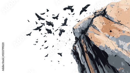 The image is a stylized illustration depicting a flock of birds taking flight from a cliff face. The birds are rendered in dark silhouettes against a mostly white background, creating a