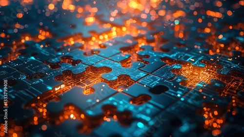 Glowing electronic circuit puzzle pieces creating a data network