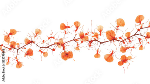Close-up image of a slender, curving vine with small,  orange-hued flowers or leaves.  The vine is presented against a pure white background.  The flowers/leaves are translucent and appear almost
