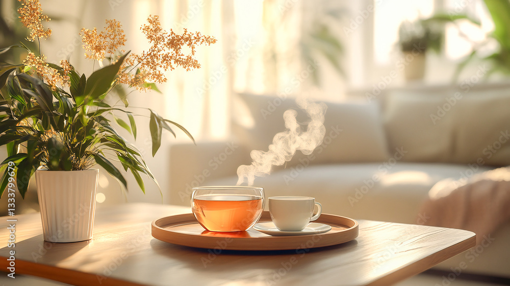 Cup of tea with steam on a serving tray in home interior of living room. Breakfast over sofa in morning. Cozy winter concept Cup of tea with steam on a serving tray in home interior of living room. Breakfast over sofa in morning. Cozy winter concept