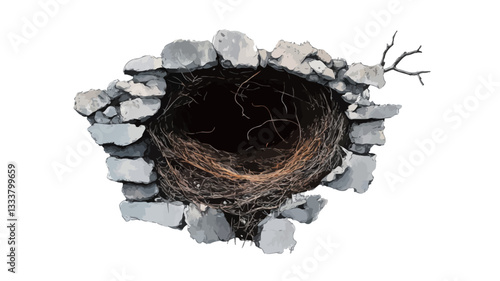 High-angle, close-up view of a bird's nest situated within a hole in a rough stone wall. The nest is composed of dark brown, interwoven materials, possibly twigs and roots. The surrounding wall is