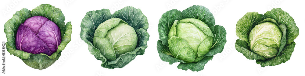 Obraz premium Vibrant assortment of fresh green and purple cabbages showcasing their crisp leafy textures and nutritious properties