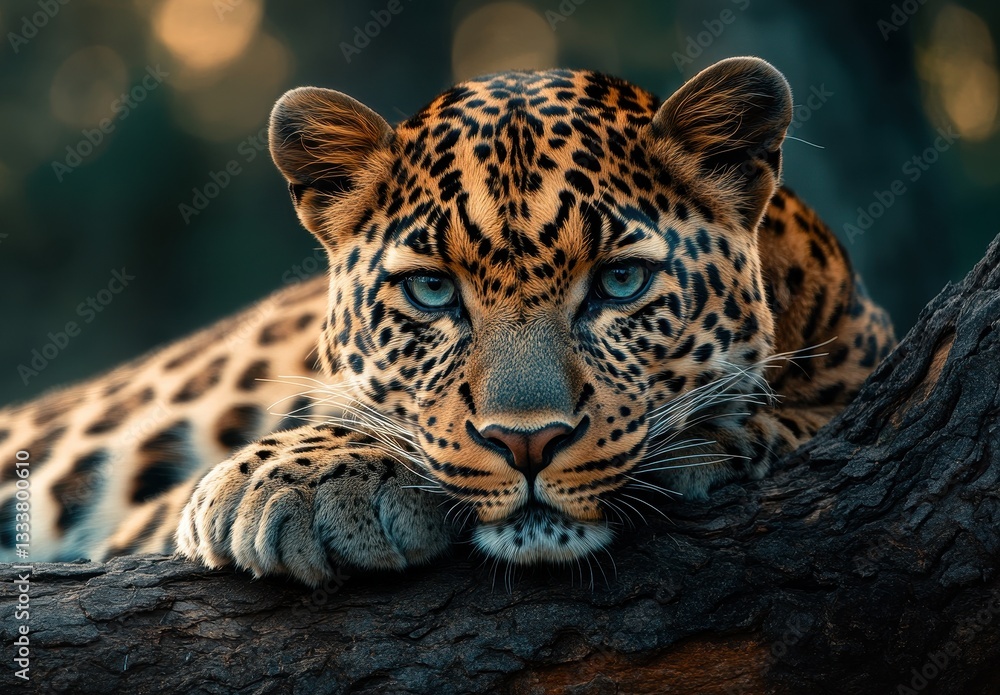 Majestic close-up of a leopard resting on a tree branch with striking fur patterns and intense gaze, showcasing the beauty of wildlife in natural habitat Majestic close-up of a leopard resting on a tree branch with striking fur patterns and intense gaze, showcasing the beauty of wildlife in natural habitat
