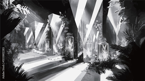 The image is a monochrome illustration depicting a pathway winding through dense foliage. Strong contrasts between light and shadow create a dramatic and moody atmosphere. The pathway leads the eye