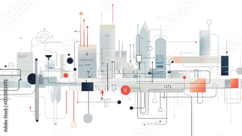 The image is a stylized abstract illustration depicting a cityscape represented by simplified building forms.  These buildings are interconnected by a complex network of thin lines, circles, and