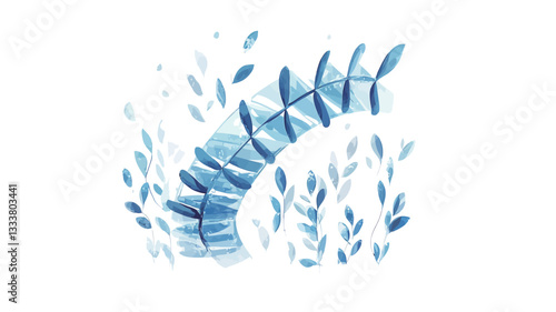 Digital illustration depicting an abstract plant form rendered in shades of blue. The style is reminiscent of watercolor, with soft edges and blended colors. The central element is a stylized stem